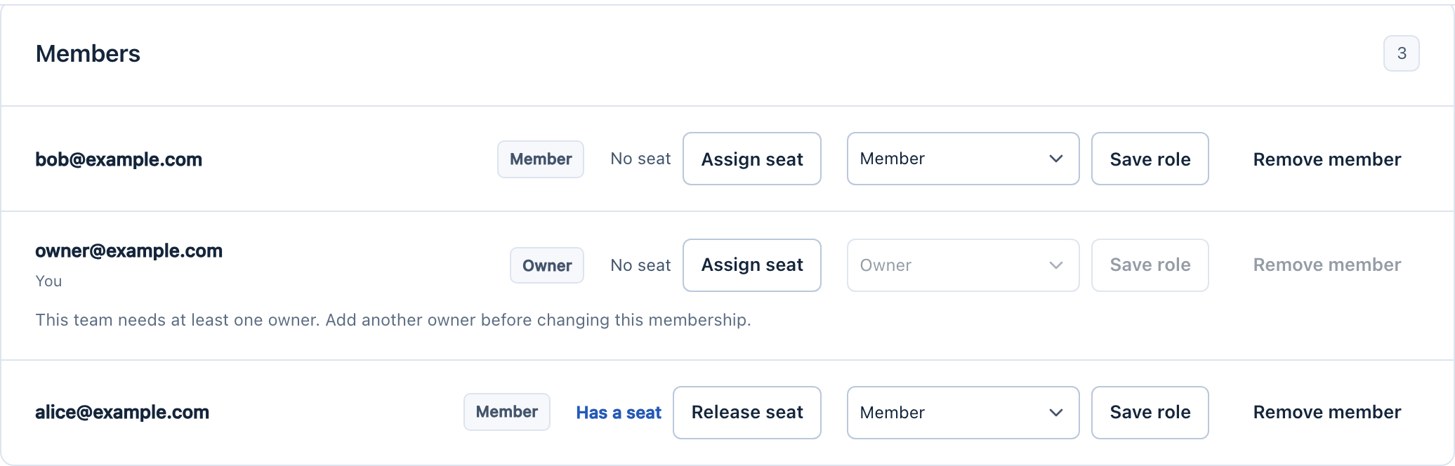 The member list with one developer who has a seat