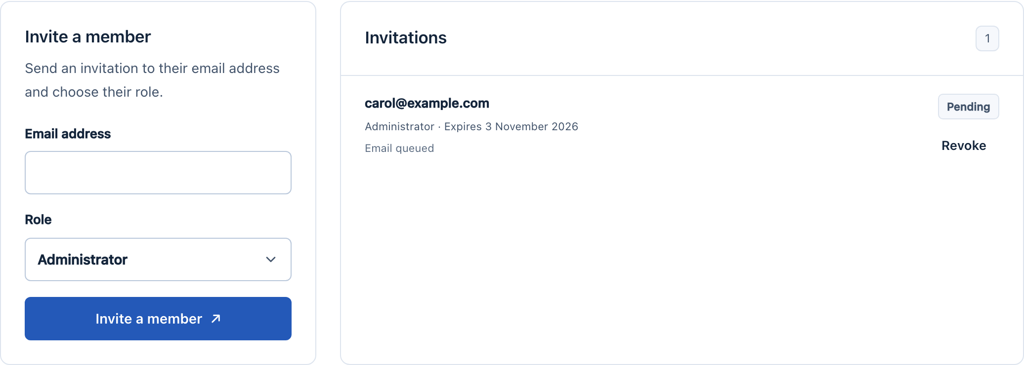 The invitation form and the list of pending invitations