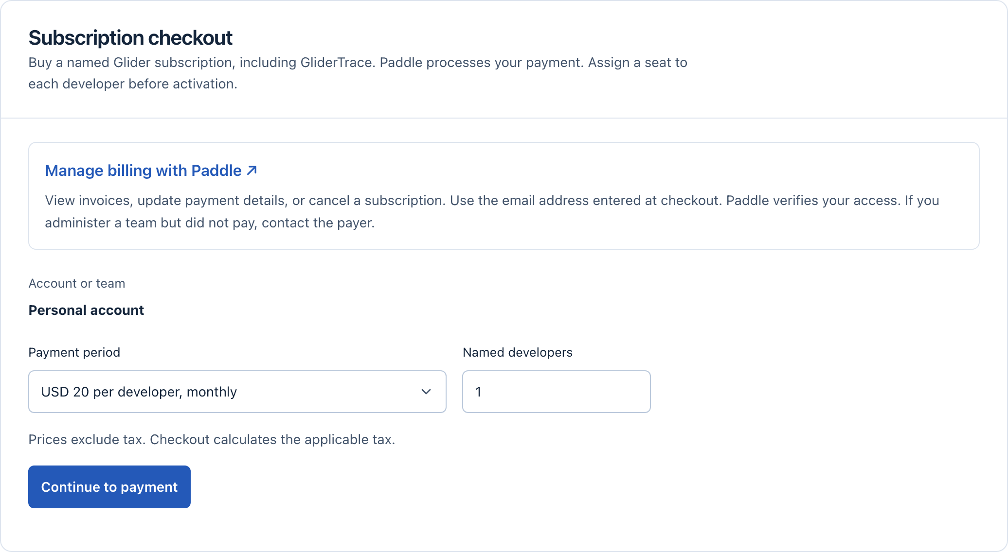 The checkout form with the payment period and the number of developers