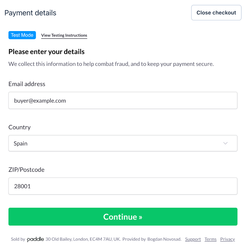 The Paddle payment form asking for an email address, country and postcode