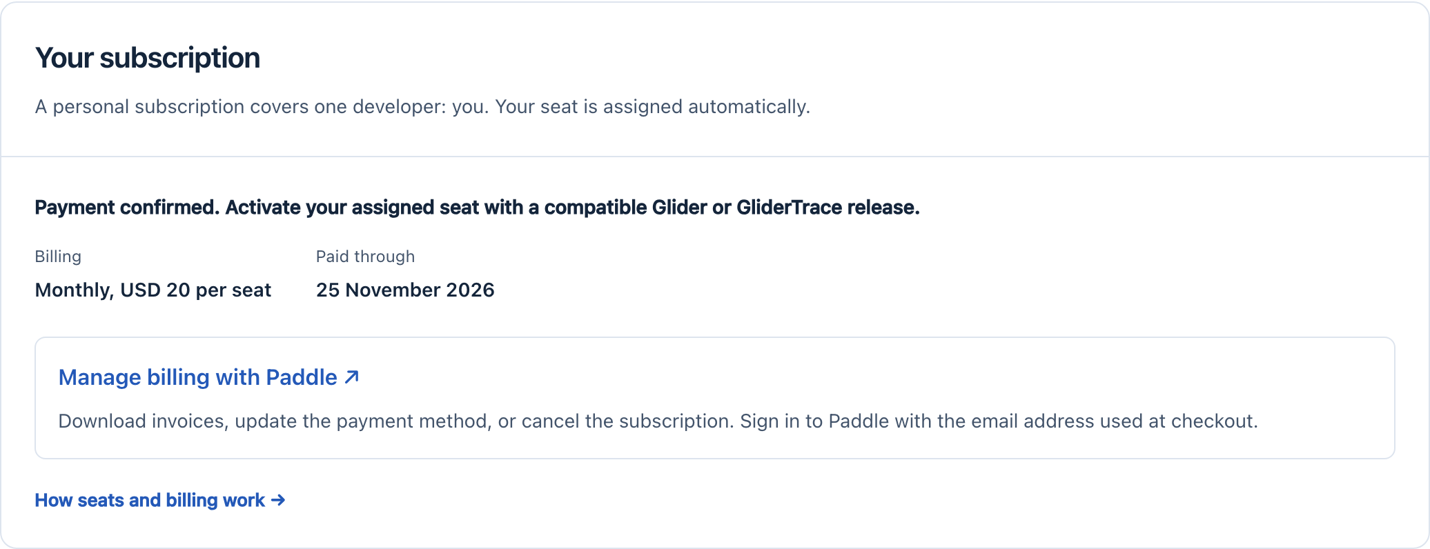 Your subscription after payment, with the paid-through date