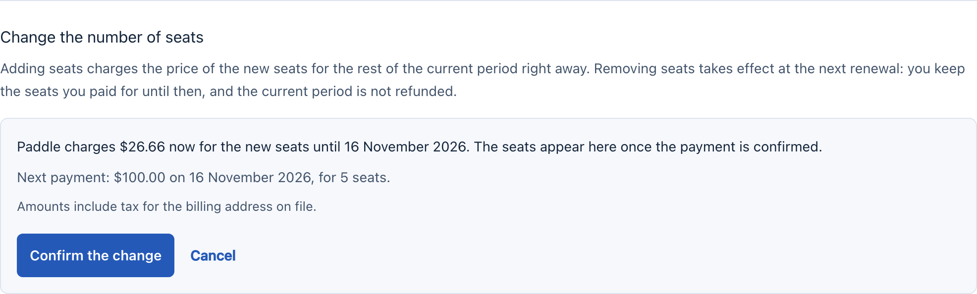 The review of a change from 3 to 5 seats, with the amount charged now and the next payment