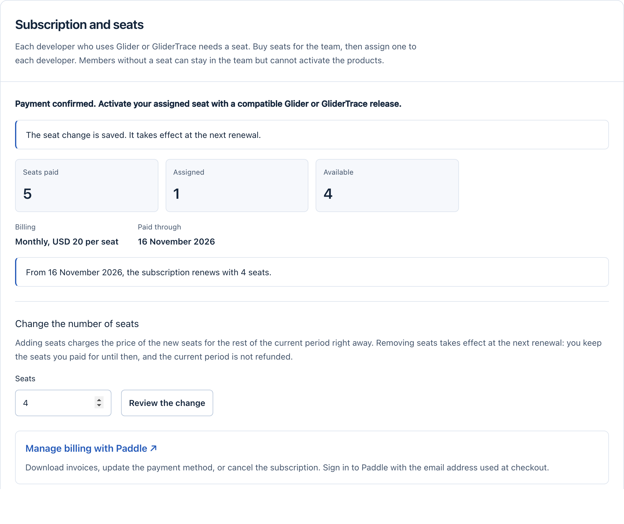 The notice that the subscription renews with fewer seats from the next billing date