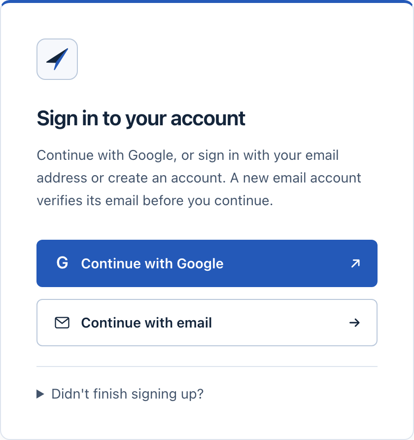 The sign-in page with Continue with Google and Continue with email