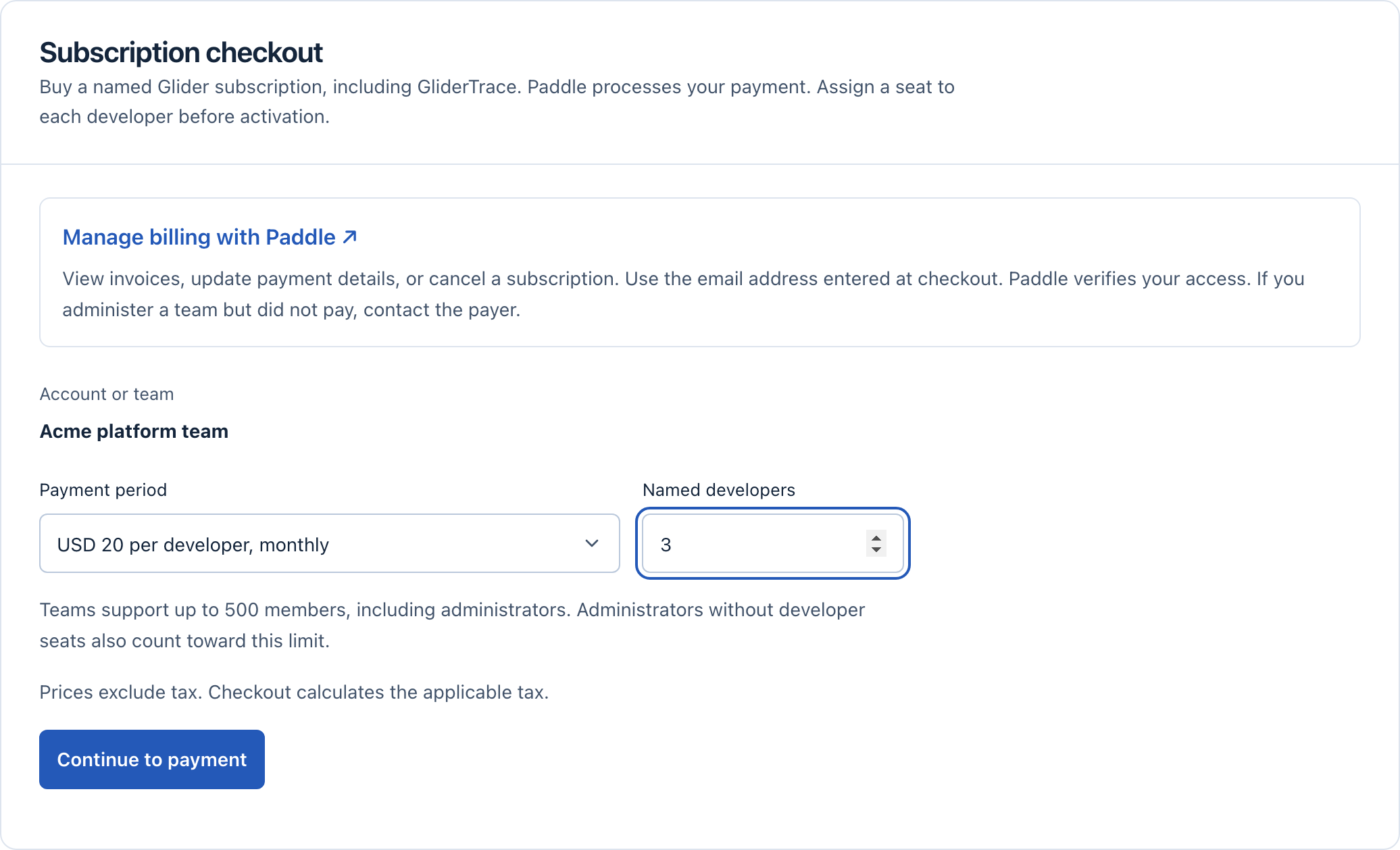 The team checkout form with 3 developers