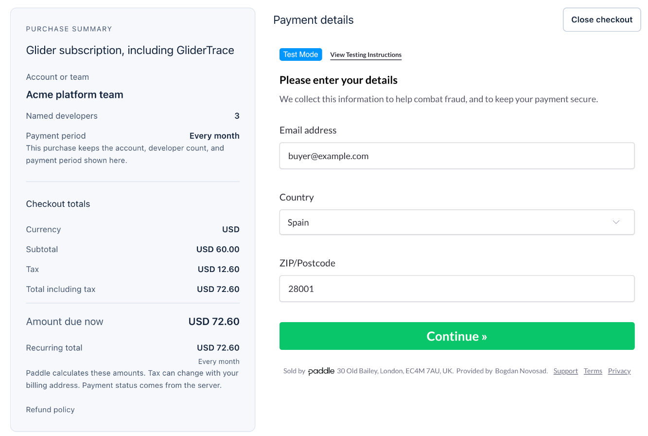 The Paddle payment form next to the purchase summary for 3 developers